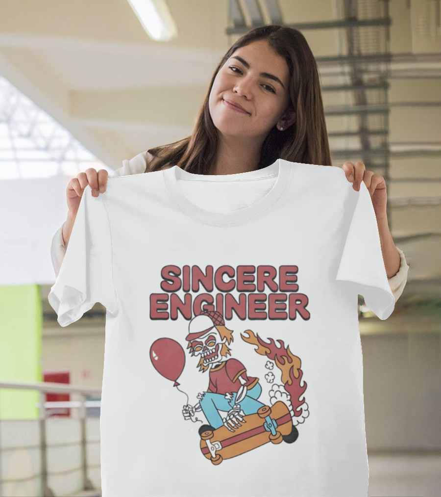 Sincere Engineer Skeleton Skateboarder With Balloon And Flaming Wheels T-Shirt