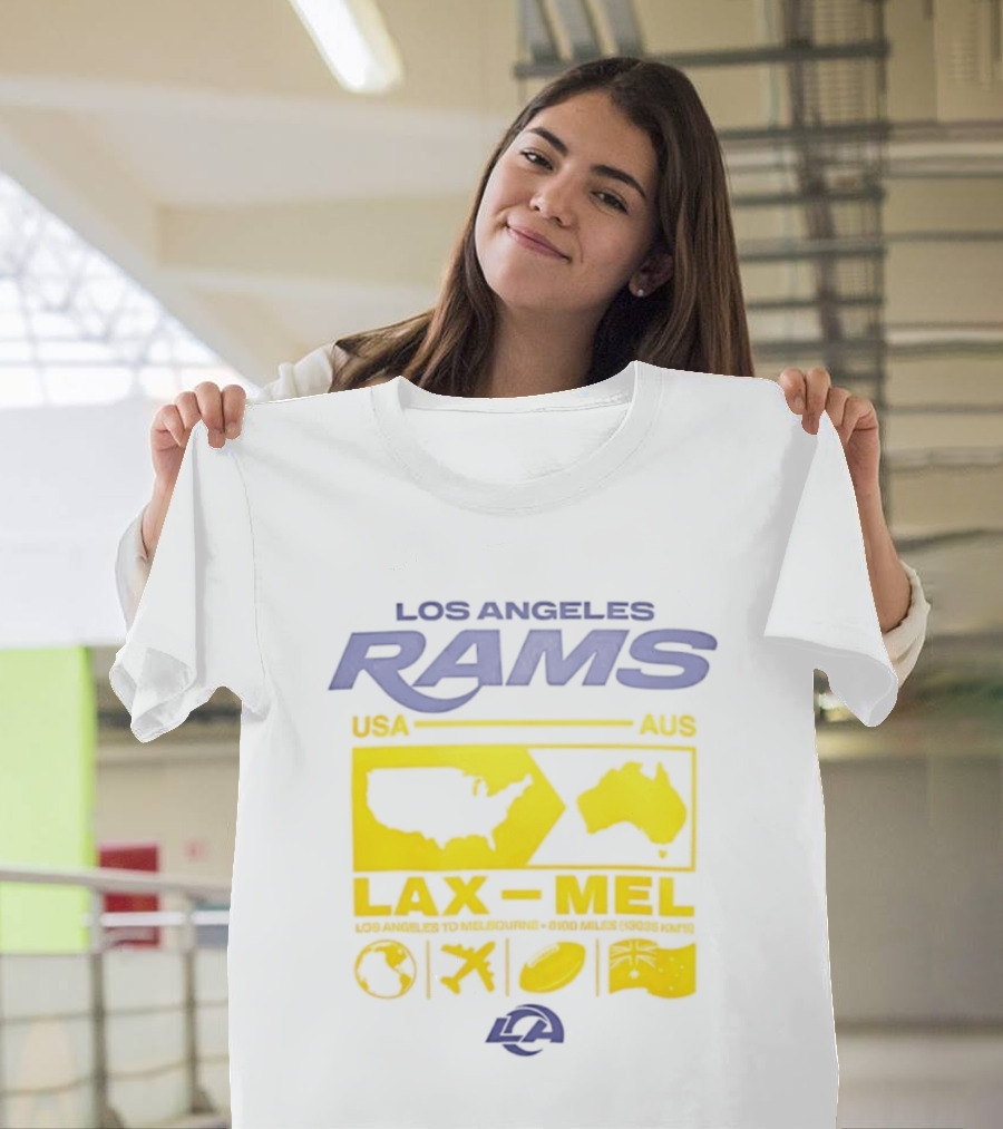 Los Angeles Rams LAX To MEL 2026 USA To Australia Football Journey T-Shirt