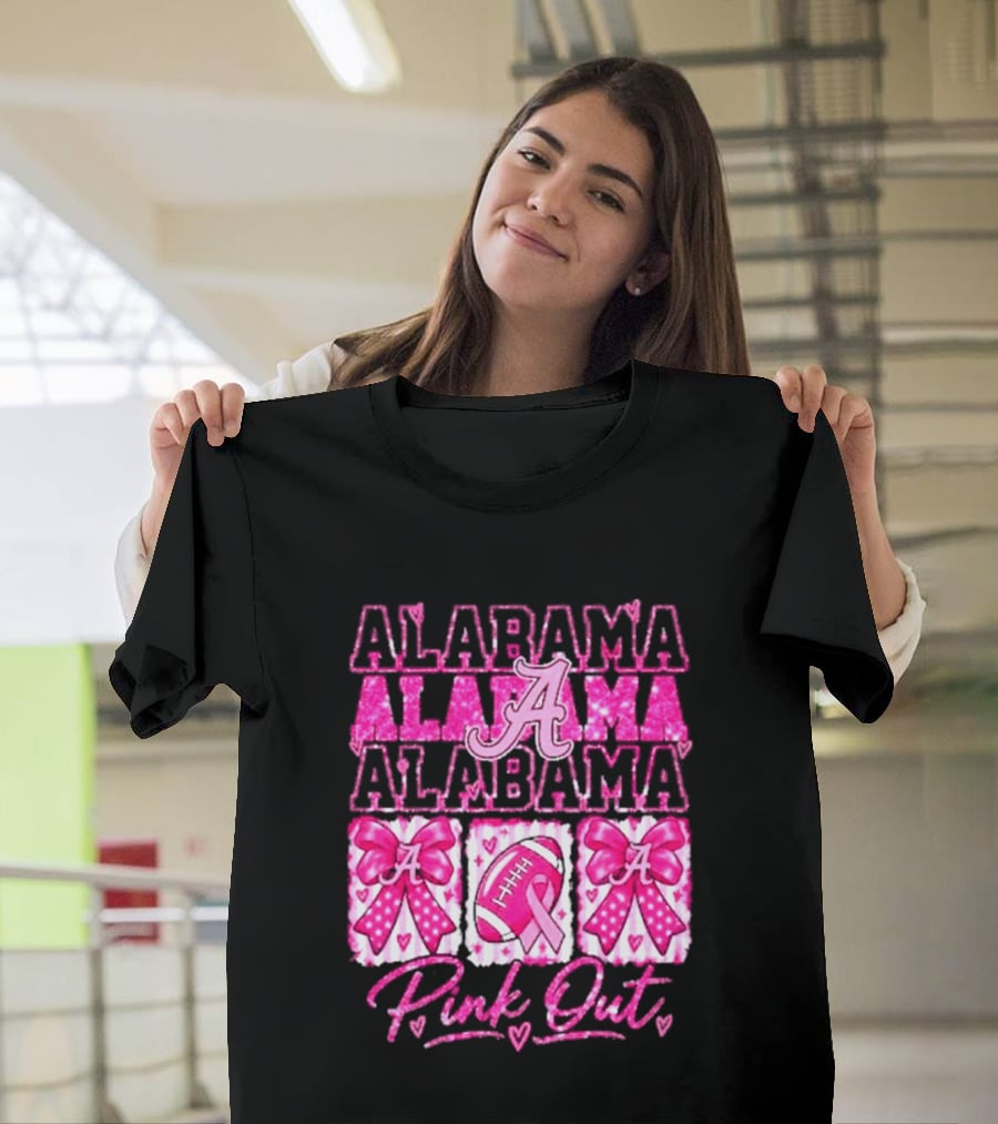 Alabama Crimson Tide A Pink Out Breast Cancer Awareness Football Bow Game Day T-Shirt