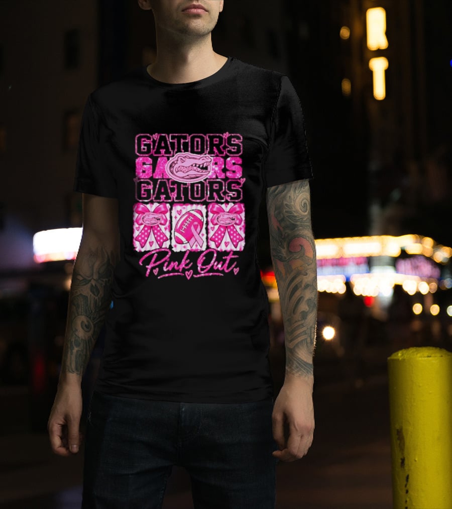 Gators Pink Out Breast Cancer Awareness Game Day Bow Ribbon Football T-Shirt