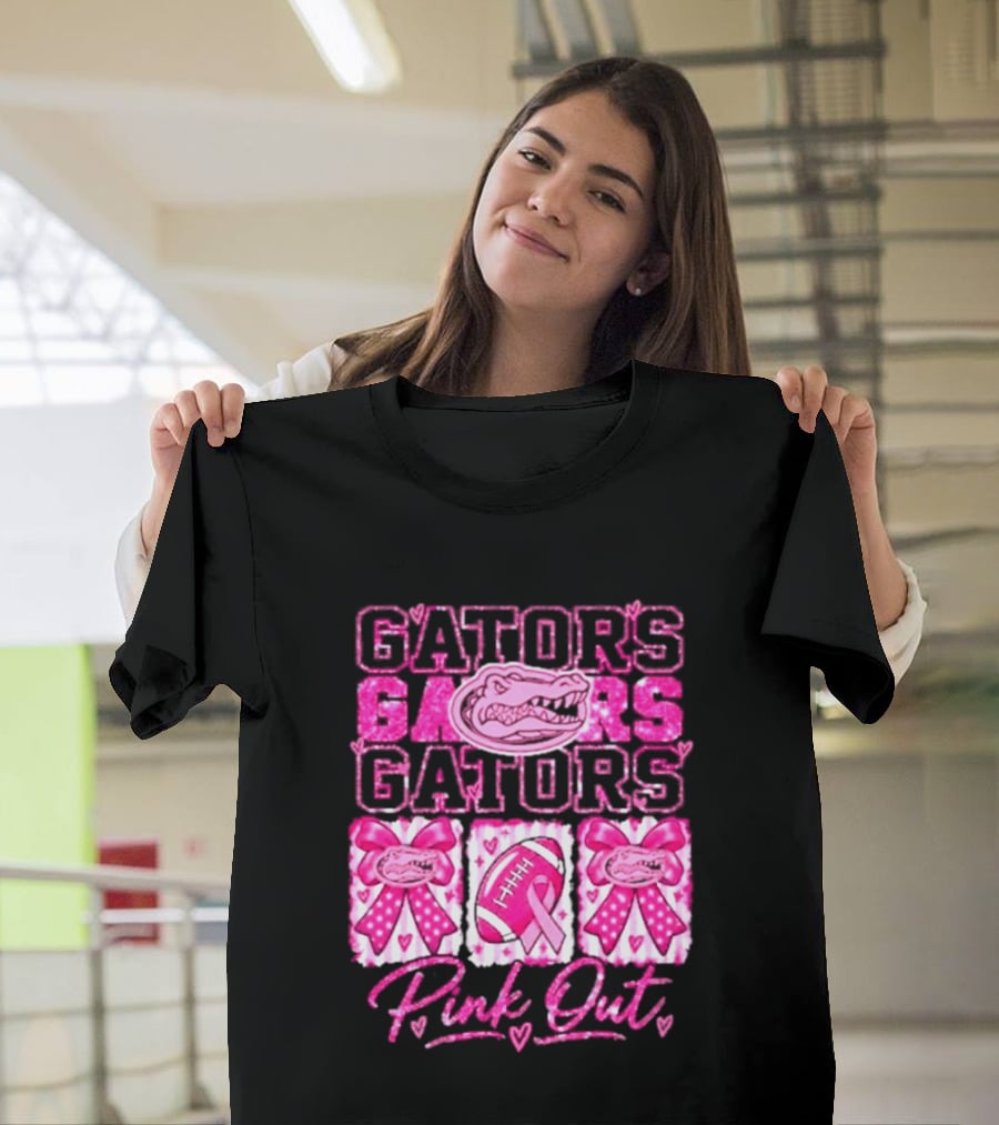 Gators Pink Out Breast Cancer Awareness Game Day Bow Ribbon Football T-Shirt