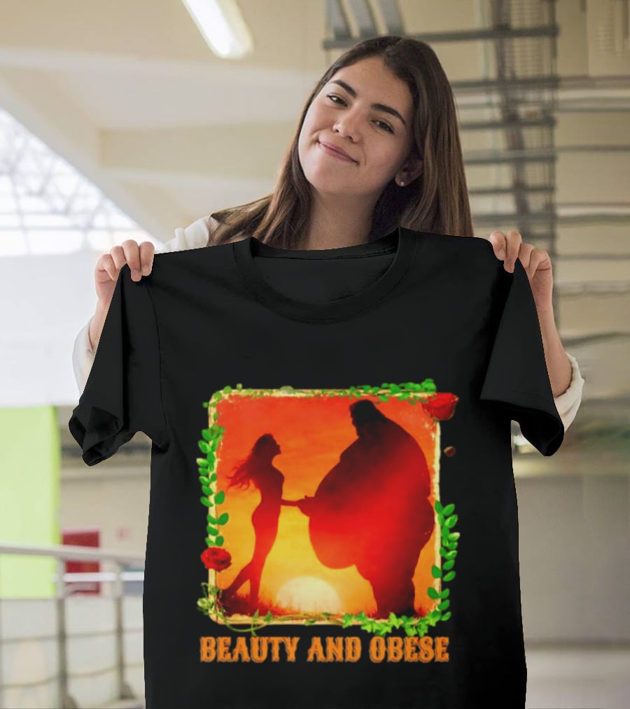 Beauty And Obese Romantic Satire With Sunset Silhouette And Roses T-Shirt