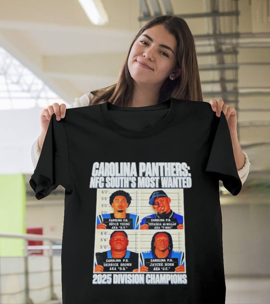 Carolina Panthers NFC South's Most Wanted Bryce Young Derrick Brown Jaycee Horn 2025 Division Champions T-Shirt