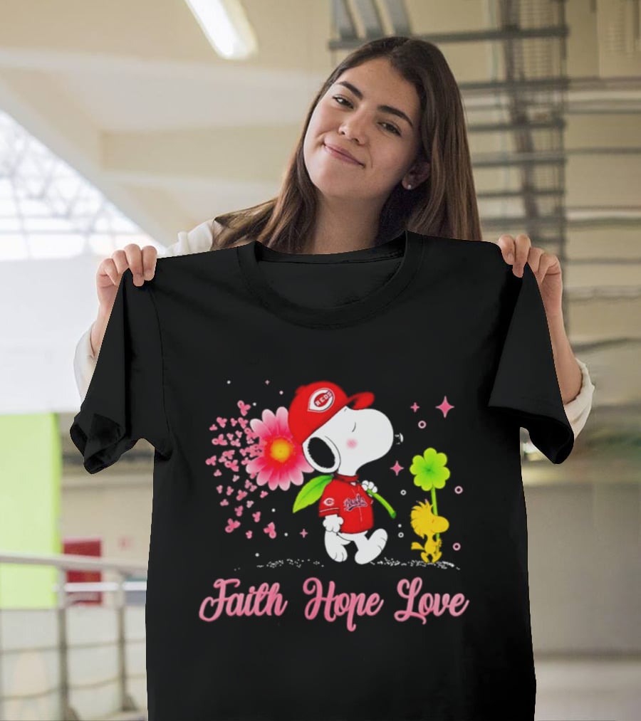 Cincinnati Reds Snoopy Faith Hope Love Breast Cancer Awareness 2026 T-Shirt