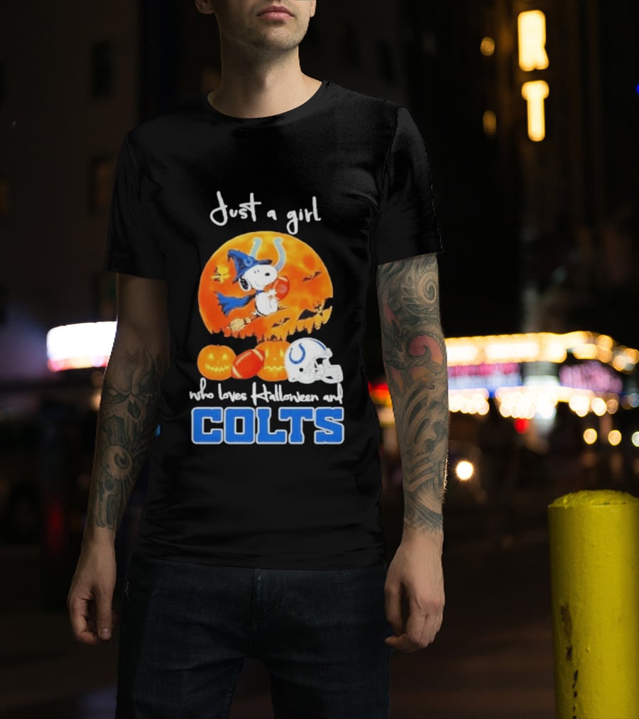 Just A Girl Who Loves Halloween And Colts Snoopy Woodstock Collaboration T-Shirt
