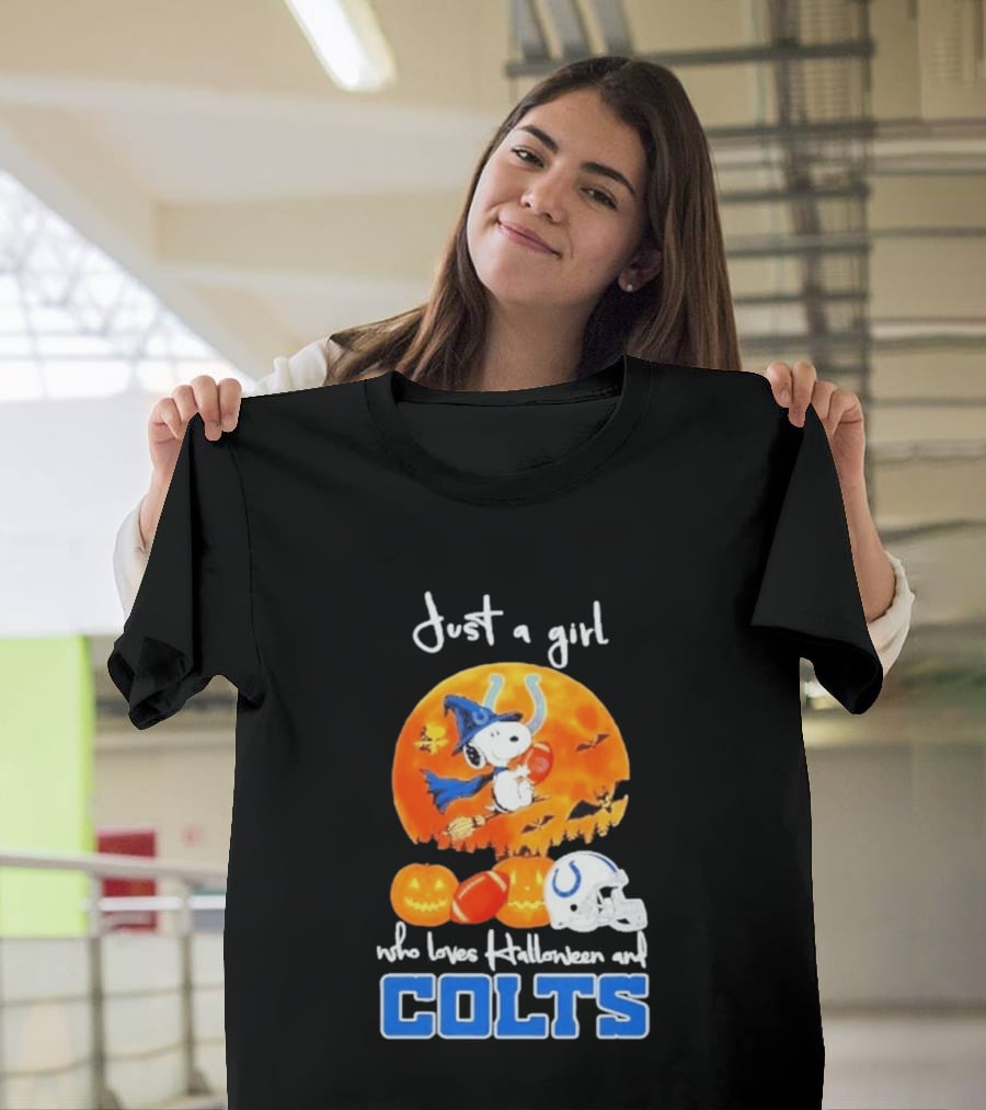Just A Girl Who Loves Halloween And Colts Snoopy Woodstock Collaboration T-Shirt
