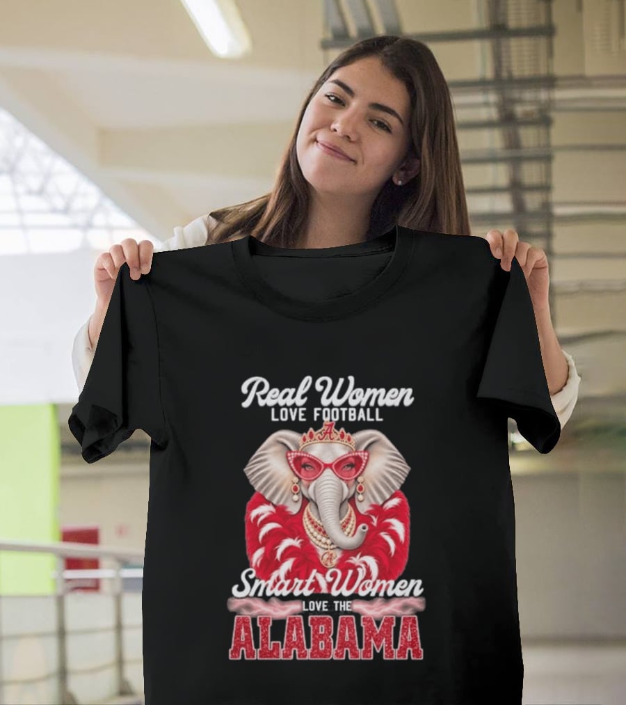 Real Women Love Football Smart Women Love The Alabama Elephant In Glasses And Crown T-Shirt