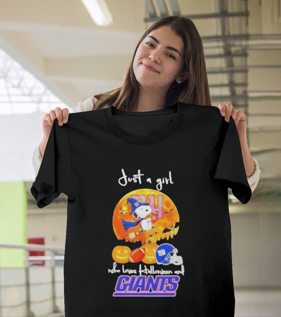Just A Girl Who Loves Halloween New York Giants Snoopy Woodstock T-Shirt