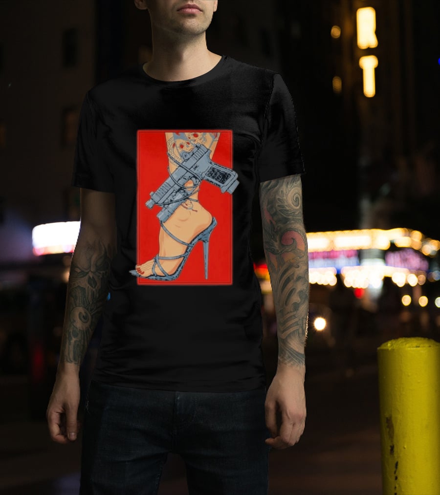 High Heel Stiletto With Gun And Tattoo Art On Red T-Shirt