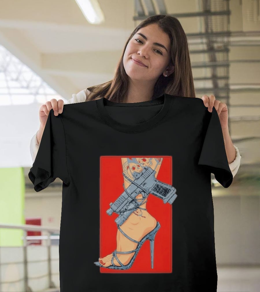 High Heel Stiletto With Gun And Tattoo Art On Red T-Shirt