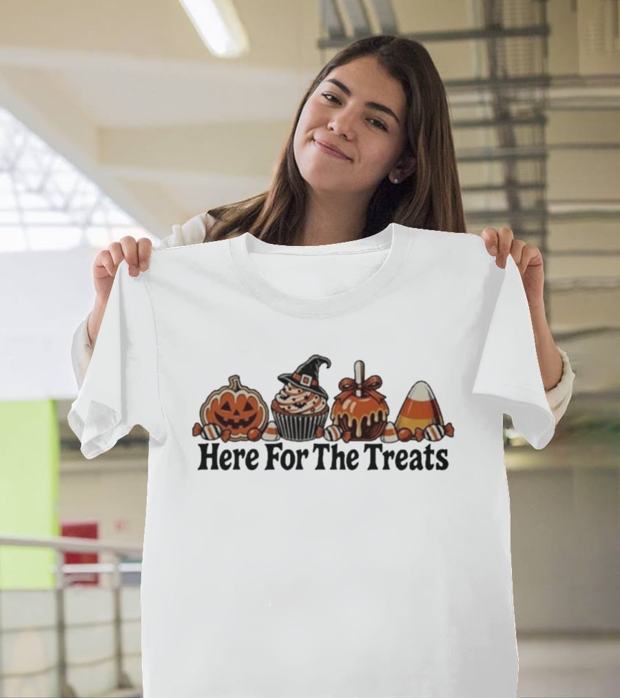 Here For The Treats Halloween Jack O Lantern Cupcake Candy T-Shirt