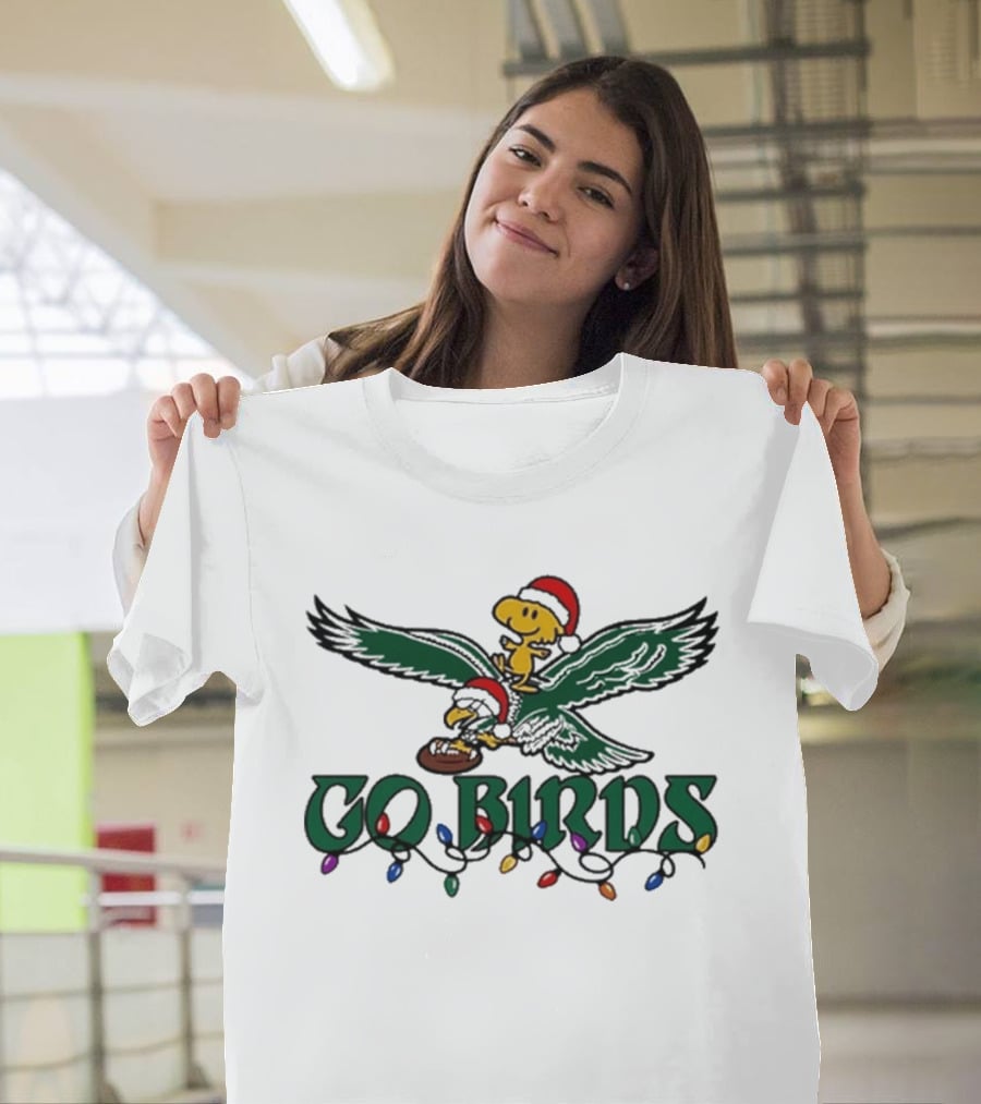 Snoopy And Woodstock Riding Philadelphia Eagles Christmas Go Birds T-Shirt
