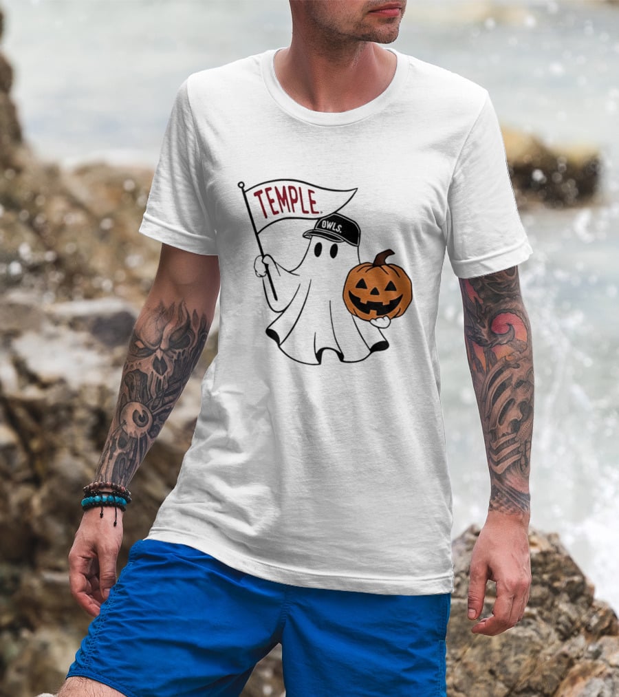 Temple Owls Halloween Ghost With Pumpkin And Flag T-Shirt