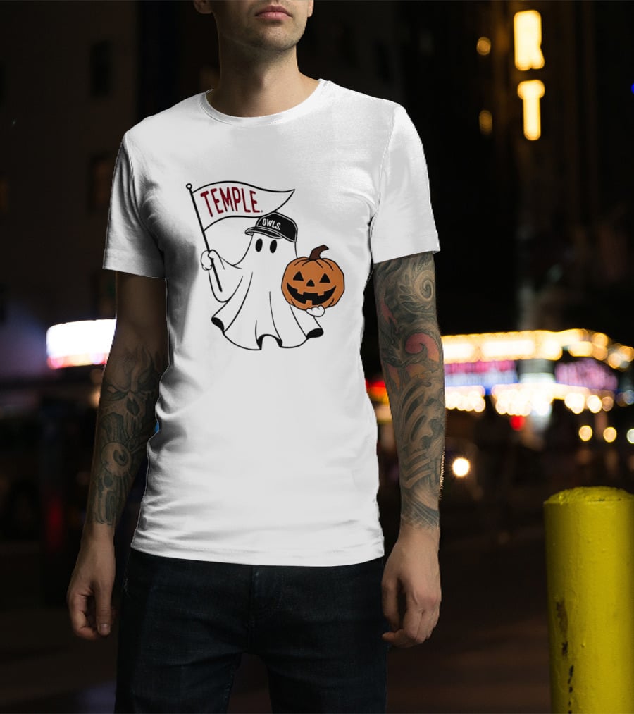Temple Owls Halloween Ghost With Pumpkin And Flag T-Shirt
