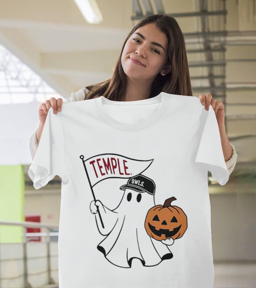 Temple Owls Halloween Ghost With Pumpkin And Flag T-Shirt