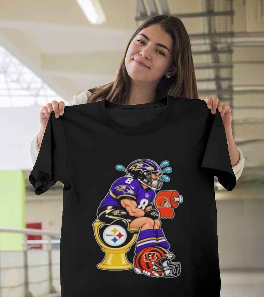 Baltimore Ravens Lamar Jackson On Steelers Toilet With Browns Toilet Paper And Bengals Helmet T-Shirt
