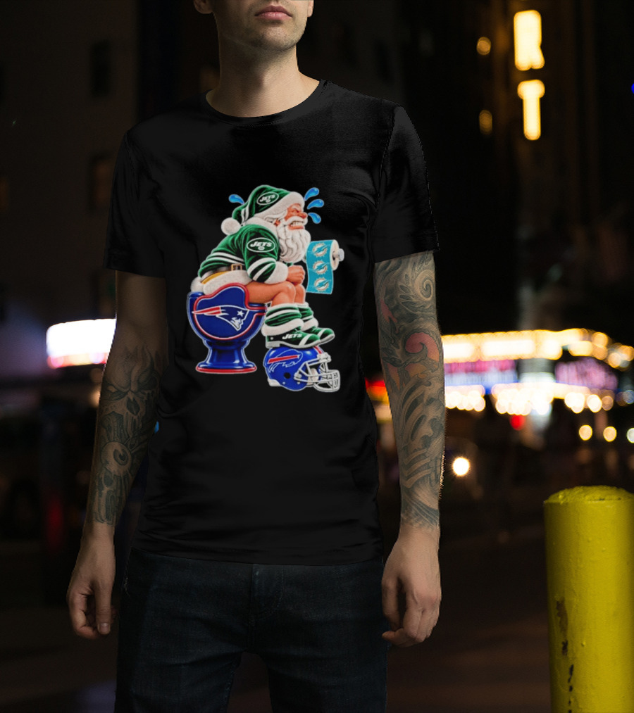 New England Patriots Miami Dolphins Buffalo Bills New York Jets Santa Football Christmas T-Shirt