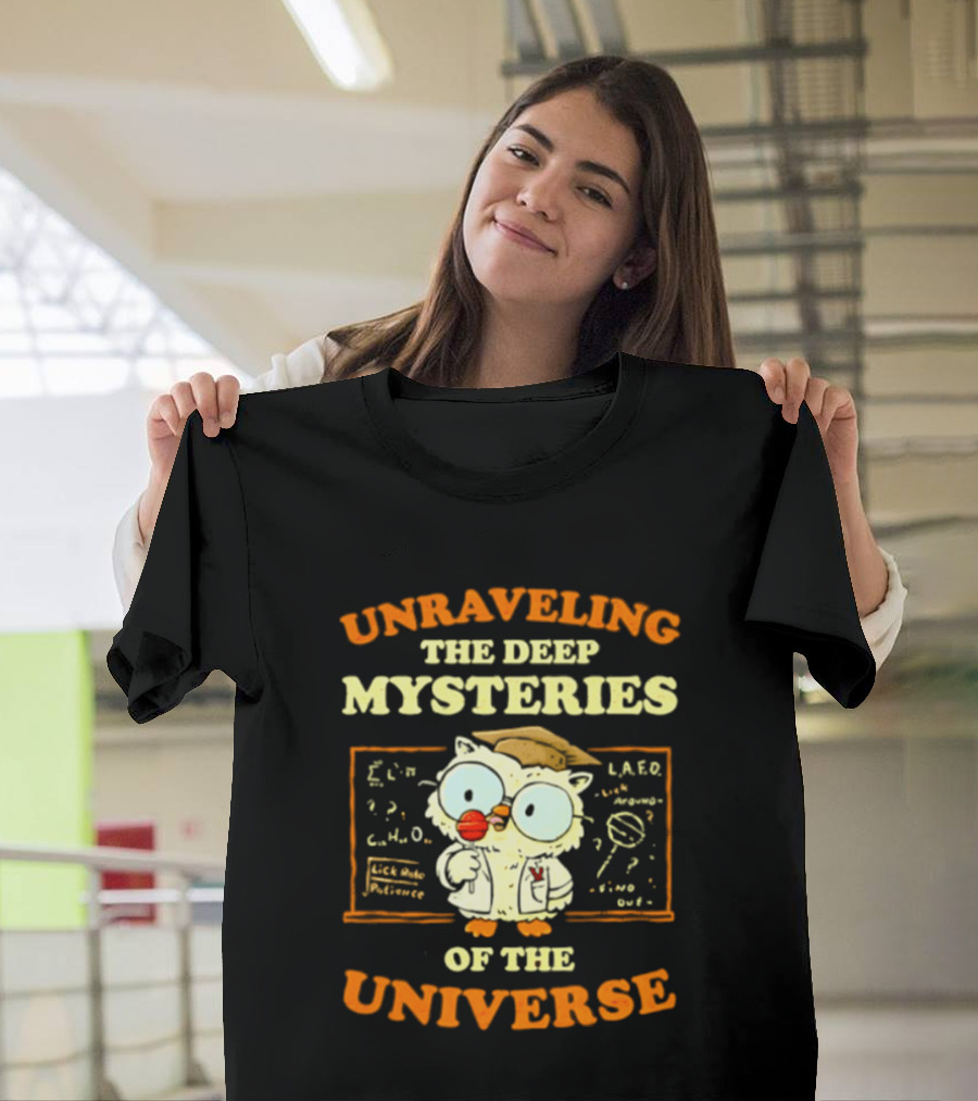 Unraveling The Deep Mysteries Of The Universe Owl With Chalkboard And Equations T-Shirt