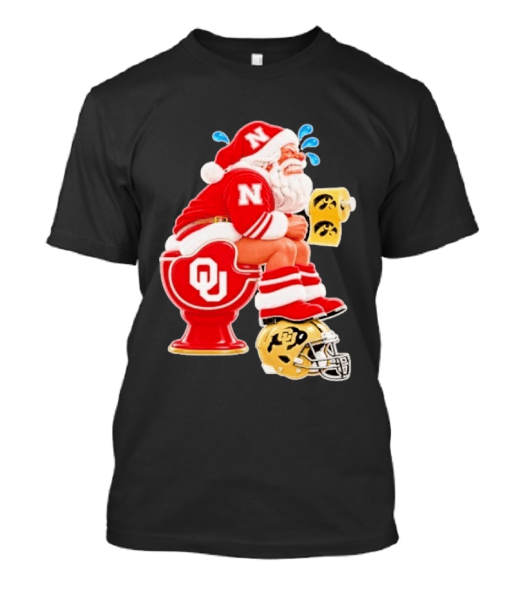 Nebraska Santa On Oklahoma Toilet With Iowa Toilet Paper And Colorado Helmet Football Rivalry Humor T-Shirt