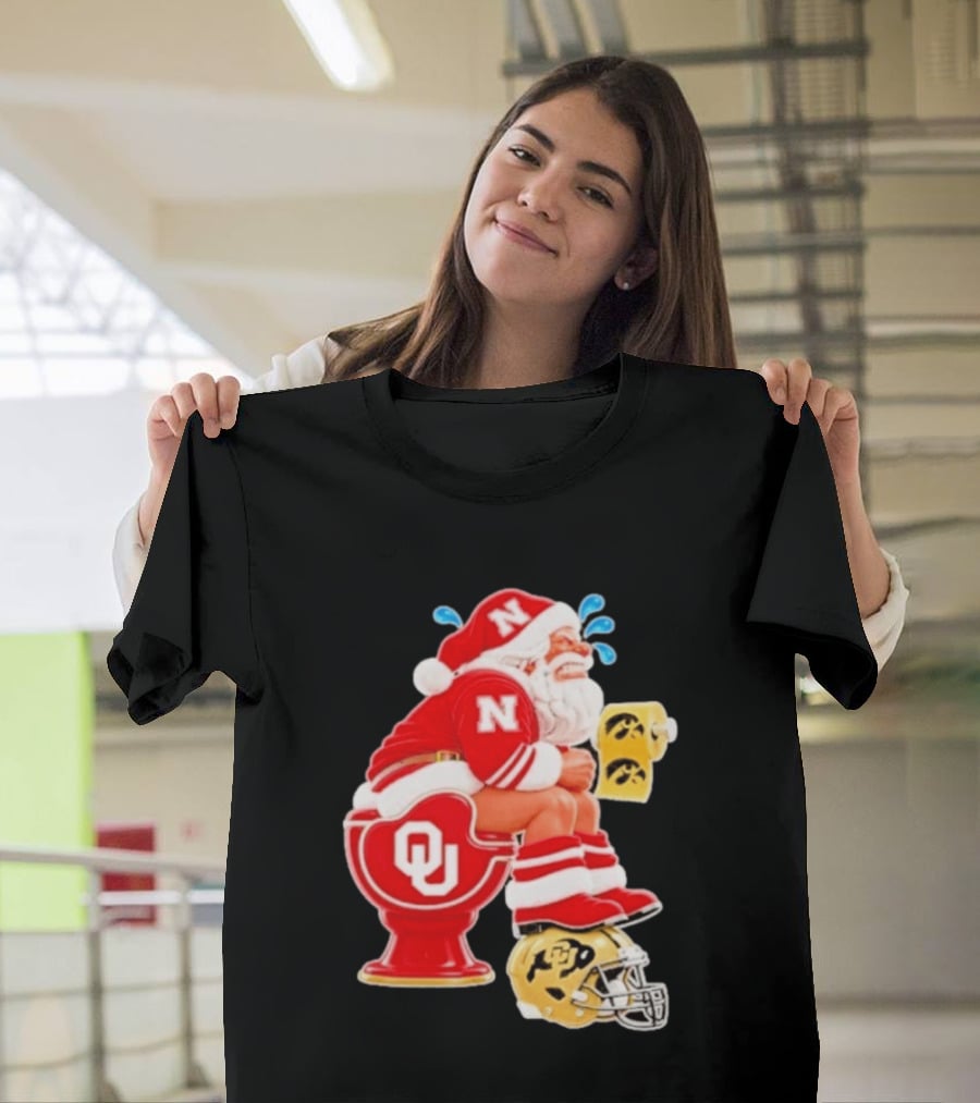 Nebraska Santa On Oklahoma Toilet With Iowa Toilet Paper And Colorado Helmet Football Rivalry Humor T-Shirt