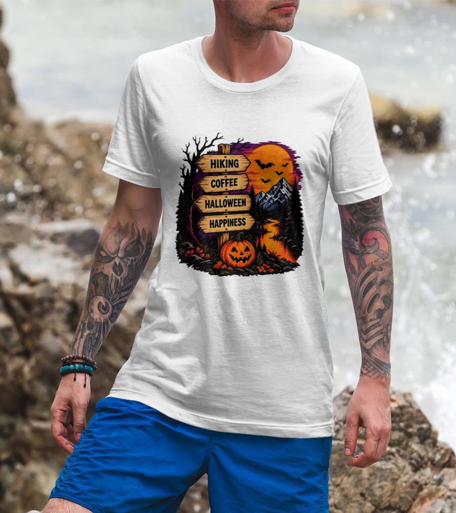 Hiking Coffee Halloween Happiness Fall Season Signpost Scenic Sunset Pumpkin Bats T-Shirt
