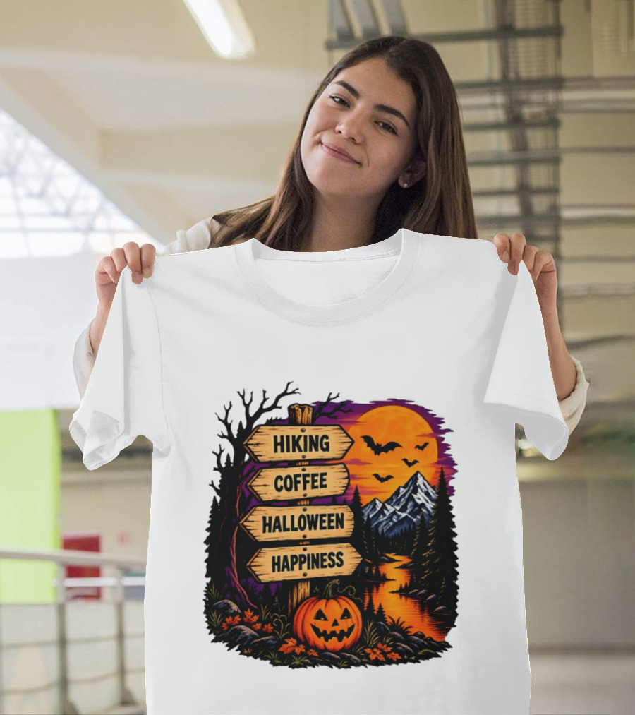 Hiking Coffee Halloween Happiness Fall Season Signpost Scenic Sunset Pumpkin Bats T-Shirt