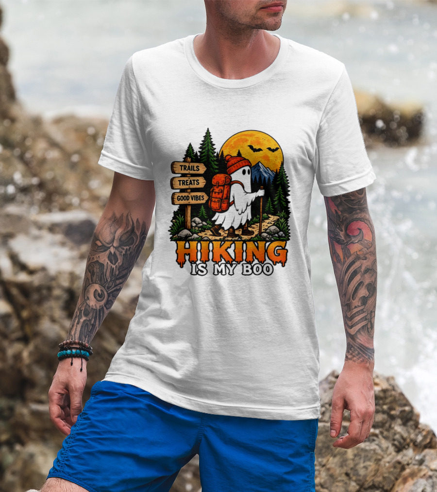 Hiking Is My Boo Ghost Trails Treats Good Vibes Halloween T-Shirt