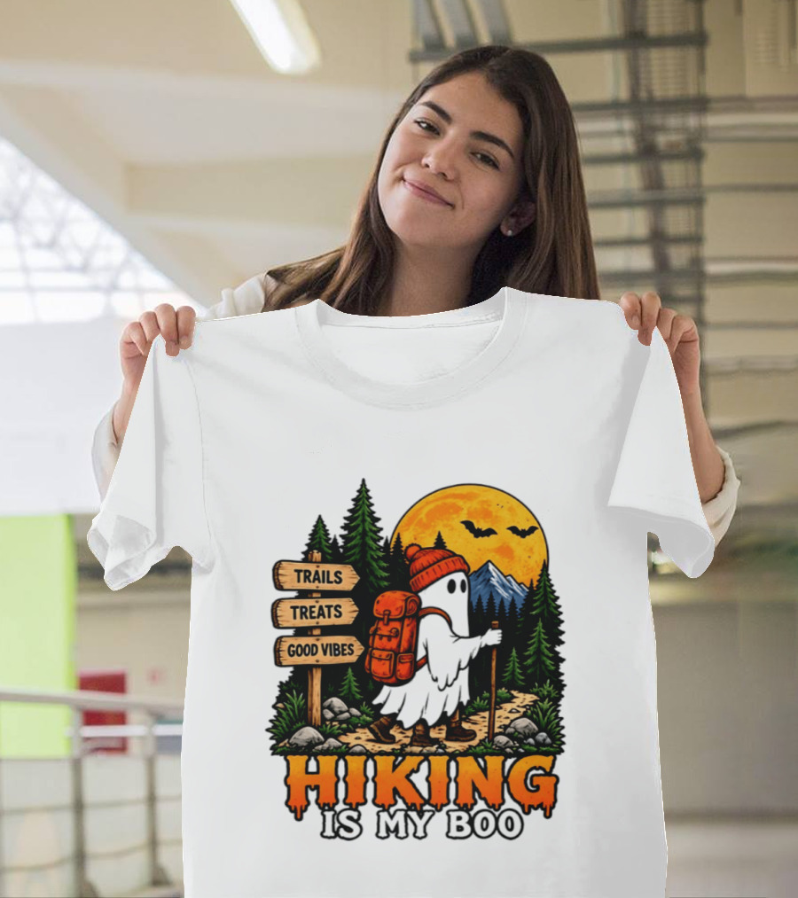 Hiking Is My Boo Ghost Trails Treats Good Vibes Halloween T-Shirt