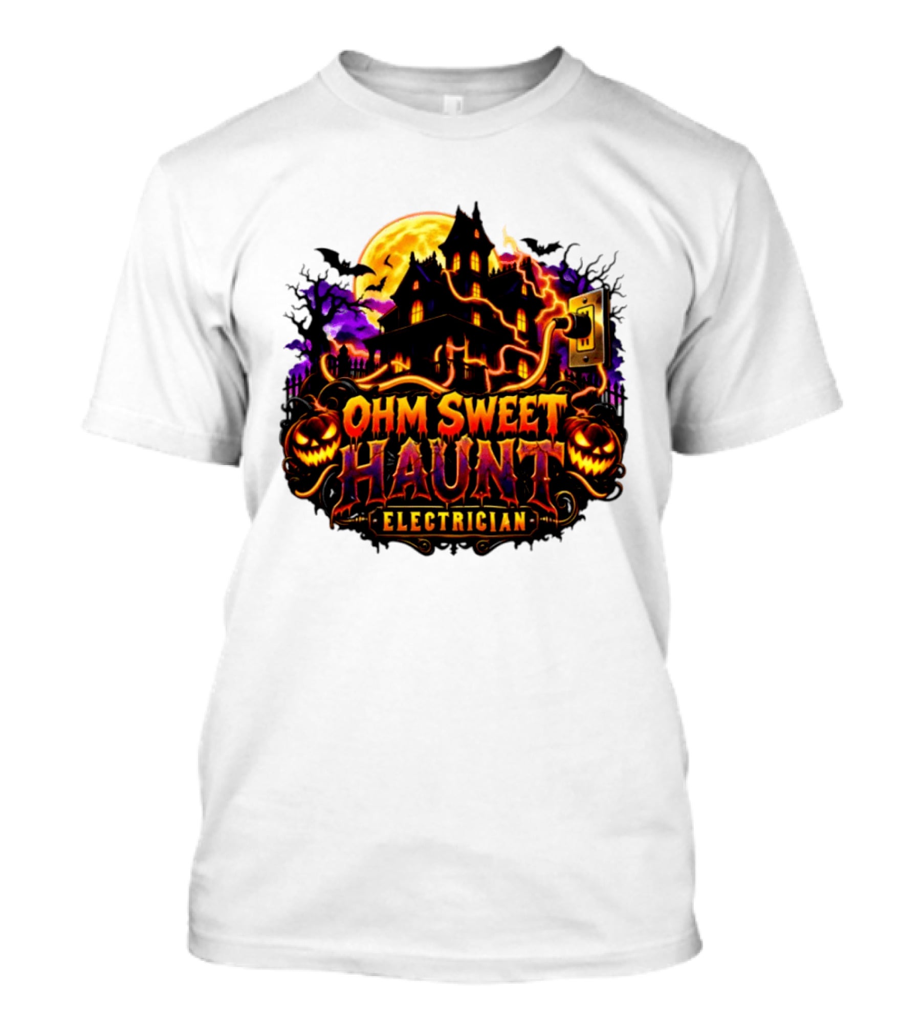 Ohm Sweet Haunt Electrician Halloween Haunted House With Pumpkins And Bats T-Shirt