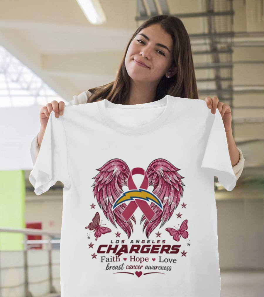 Los Angeles Chargers Breast Cancer Awareness Faith Hope Love Wings Ribbon Butterflies T-Shirt