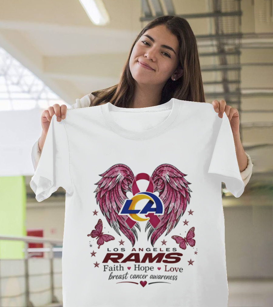 Los Angeles Rams Breast Cancer Awareness Faith Hope Love Wings And Butterflies T-Shirt