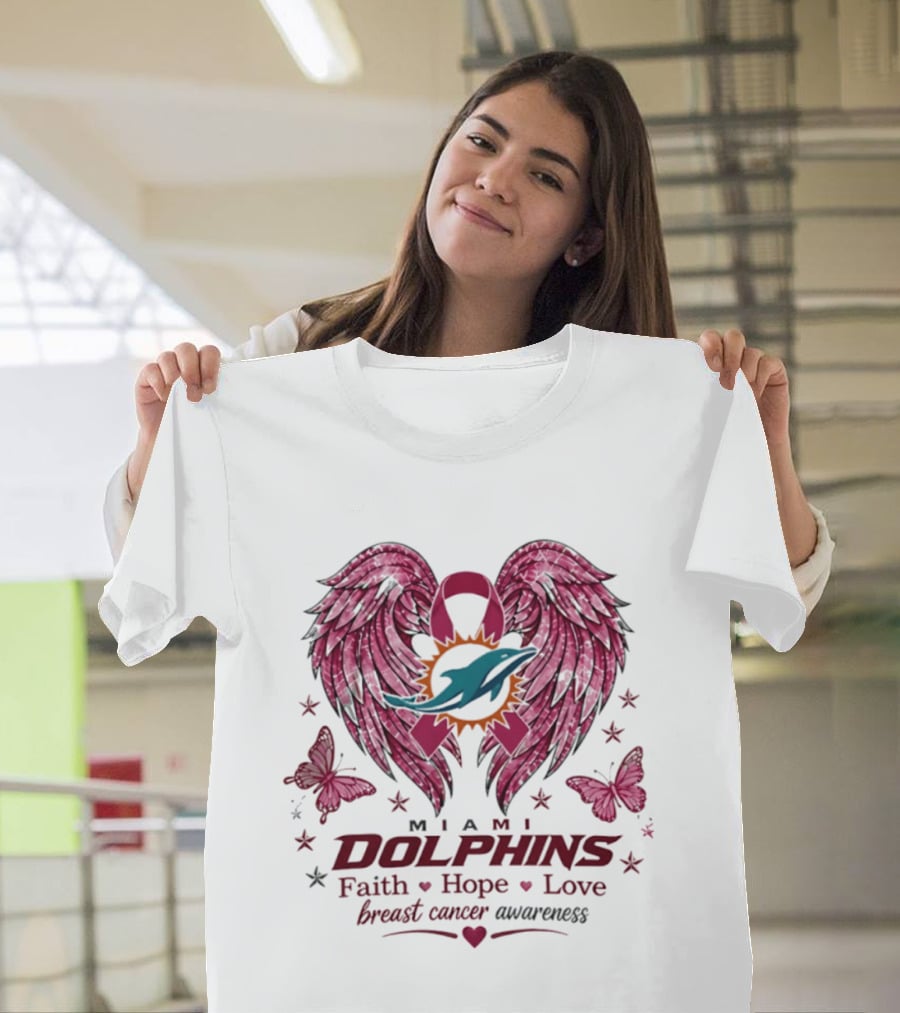 Miami Dolphins Breast Cancer Awareness Faith Hope Love Pink Ribbon Wings T-Shirt