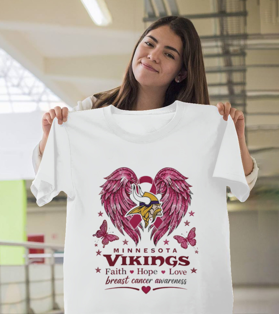Minnesota Vikings Breast Cancer Awareness Faith Hope Love Wings T-Shirt