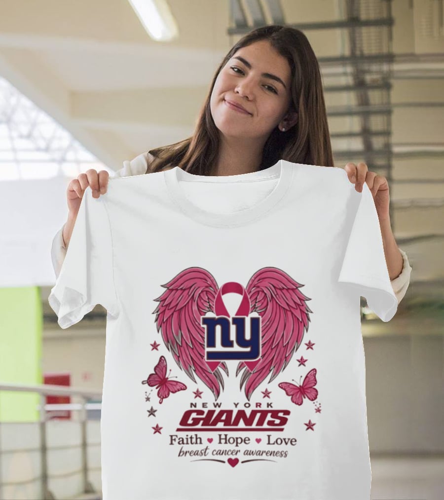 New York Giants Breast Cancer Awareness Faith Hope Love Pink Wings Ribbon T-Shirt