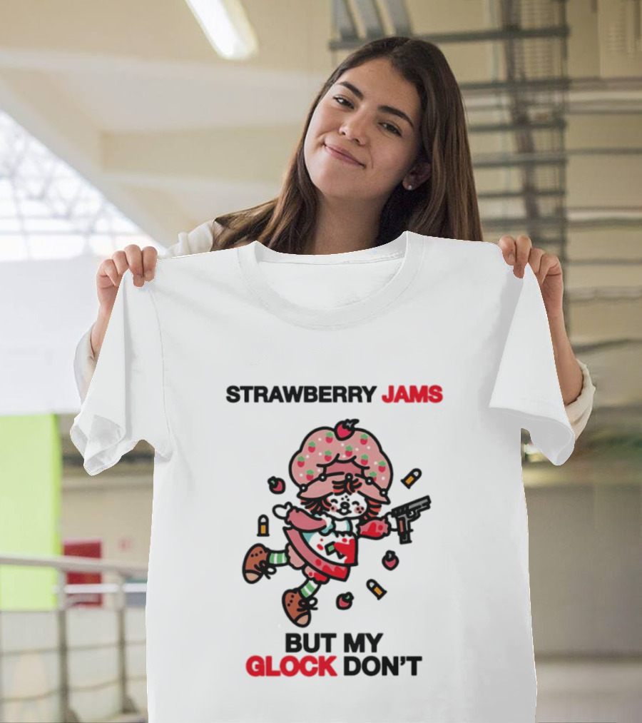 Strawberry Jams But My Glock Don't Cartoon Character With Pink Frosted Hat And Pistol T-Shirt