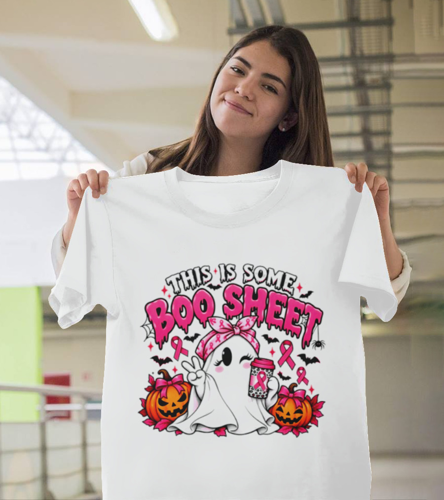 This Is Some Boo Sheet Breast Cancer Awareness Ghost Halloween Pink Ribbons Pumpkin T-Shirt