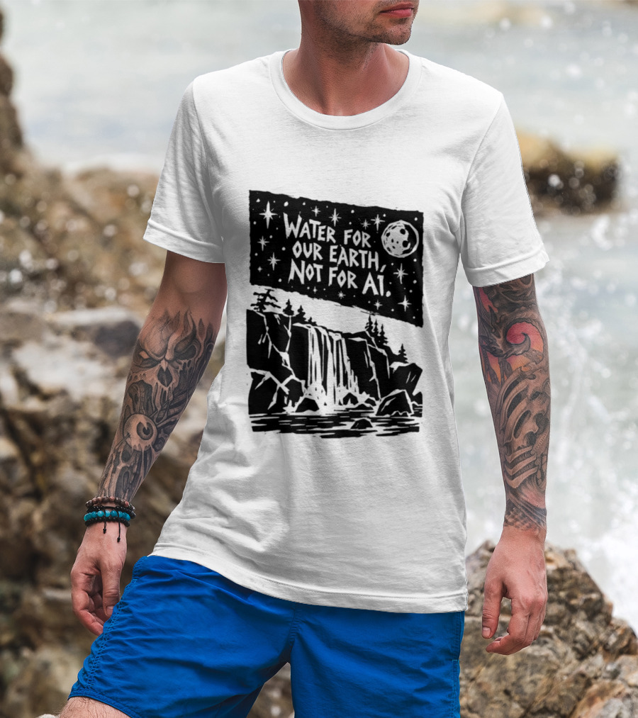 Water For Our Earth Not For AI Moonlit Waterfall Environmental Message T-Shirt