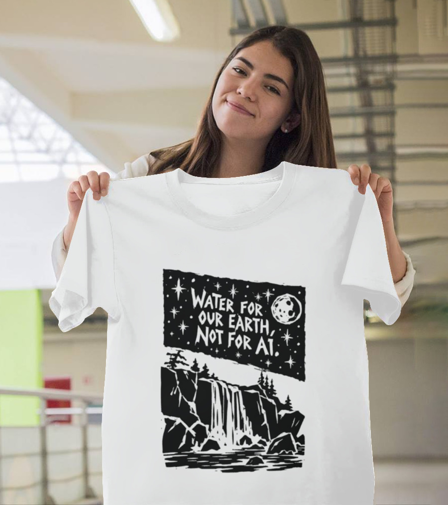 Water For Our Earth Not For AI Moonlit Waterfall Environmental Message T-Shirt