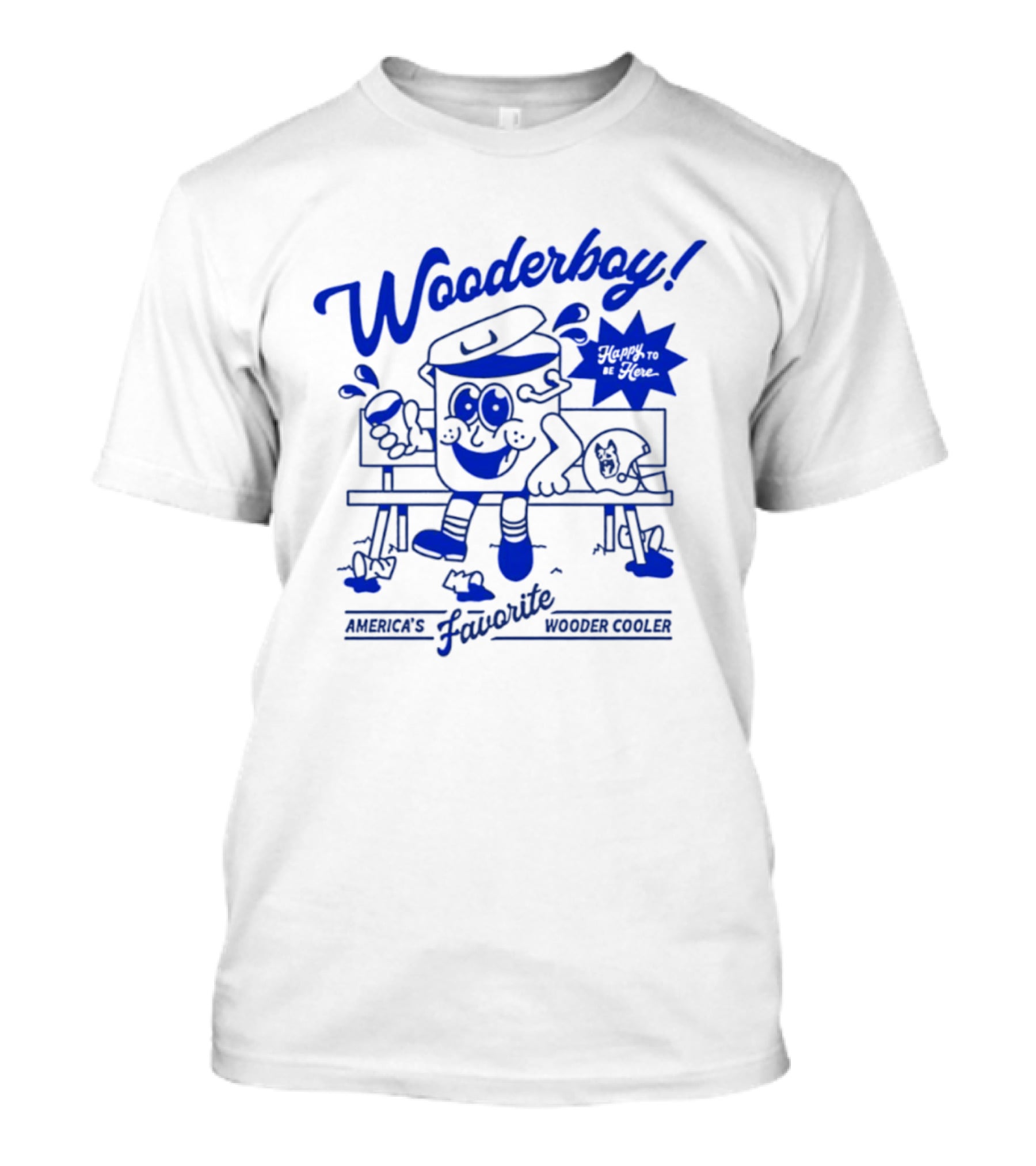 Wooderboy America's Favorite Wooder Cooler Happy To Be Here Cartoon Character Sitting On Bench With Drink T-Shirt