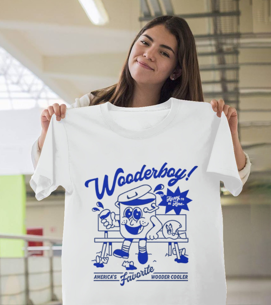 Wooderboy America's Favorite Wooder Cooler Happy To Be Here Cartoon Character Sitting On Bench With Drink T-Shirt