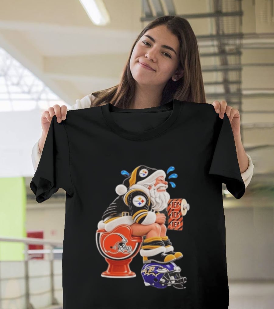Pittsburgh Steelers Santa Christmas Cleveland Browns Toilet Baltimore Ravens Helmet Cincinnati Bengals Toilet Paper Football T-Shirt