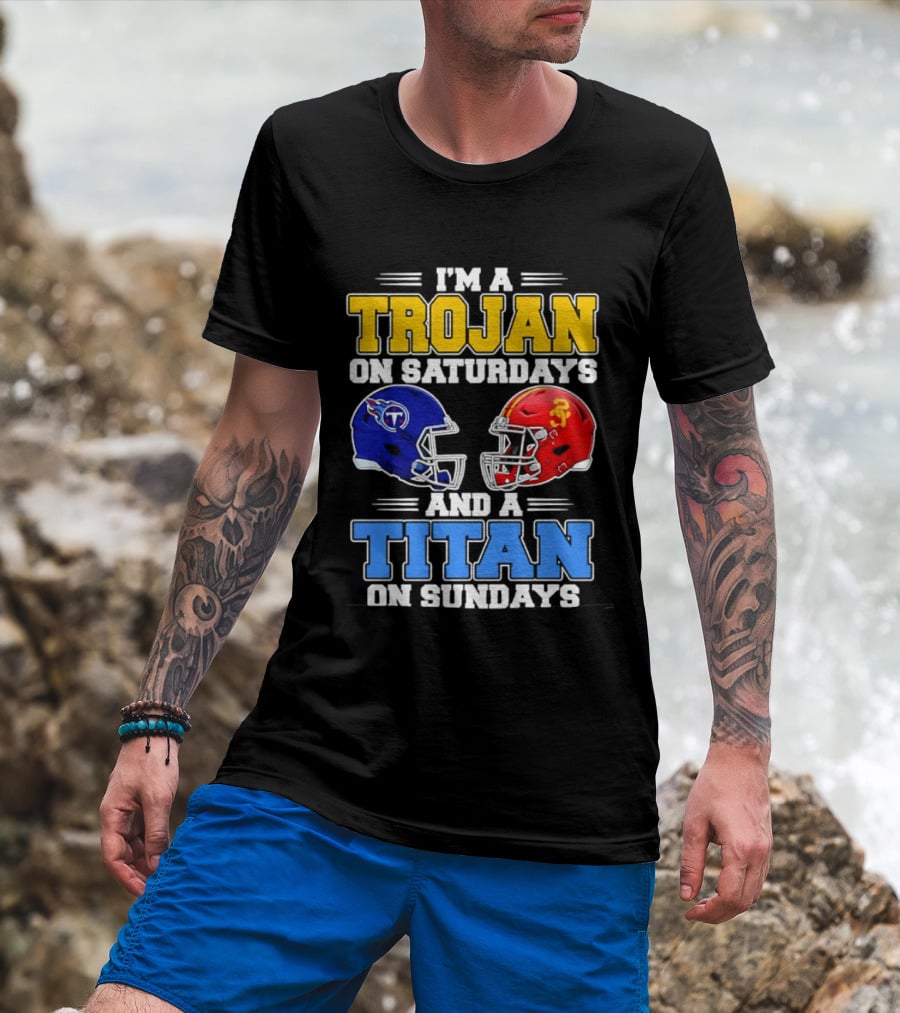 USC Trojans On Saturdays Titans On Sundays Football Helmets T-Shirt