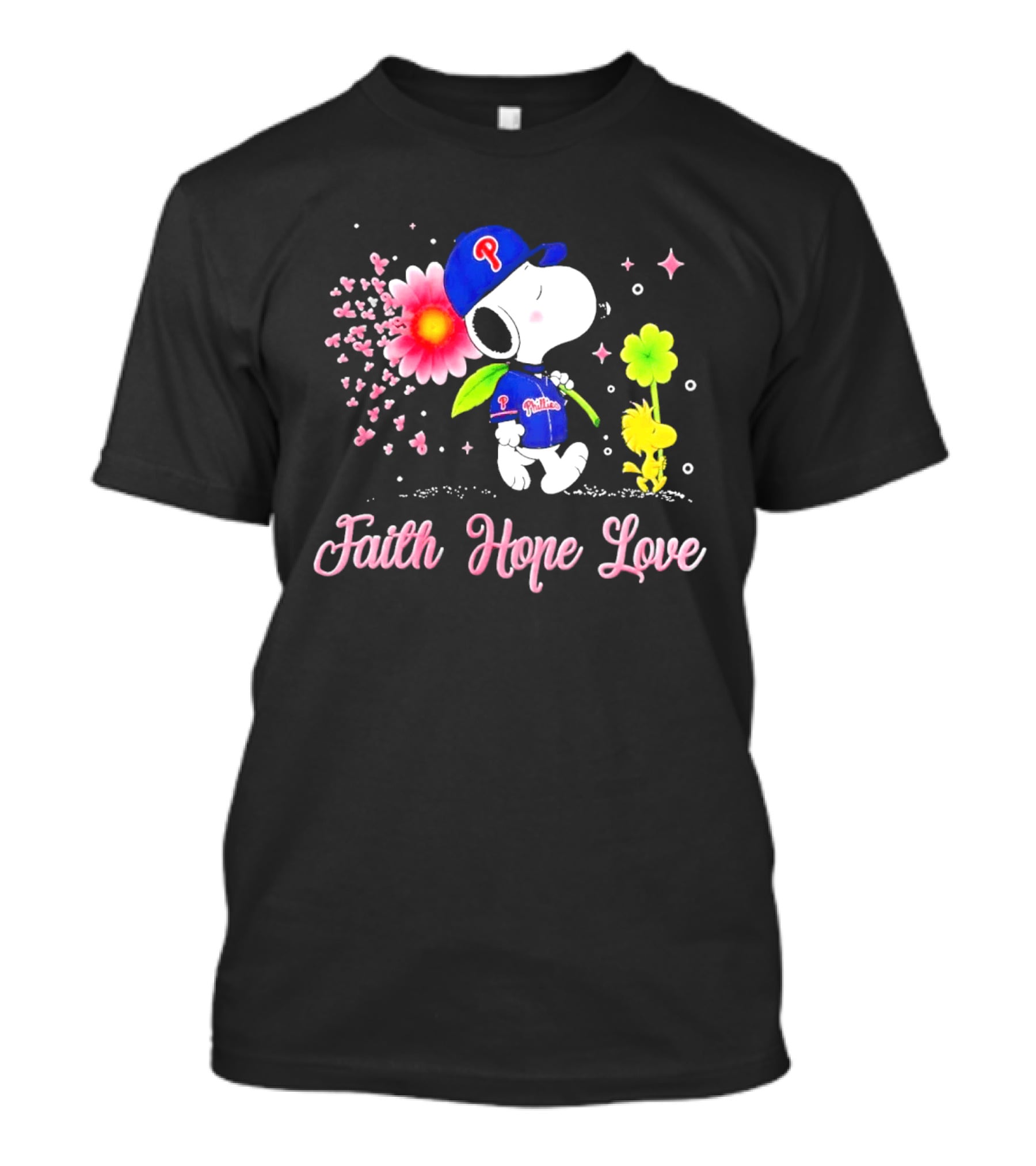 Philadelphia Phillies Snoopy Faith Hope Love Breast Cancer Awareness T-Shirt
