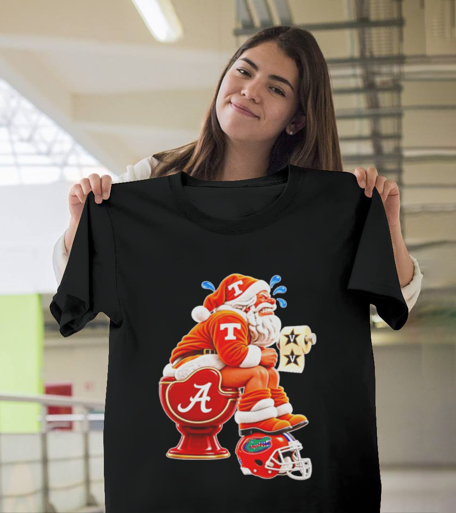 Tennessee Volunteers Santa Claus With Alabama Crimson Tide Toilet Vanderbilt Commodores Toilet Paper Florida Gators Helmet T-Shirt