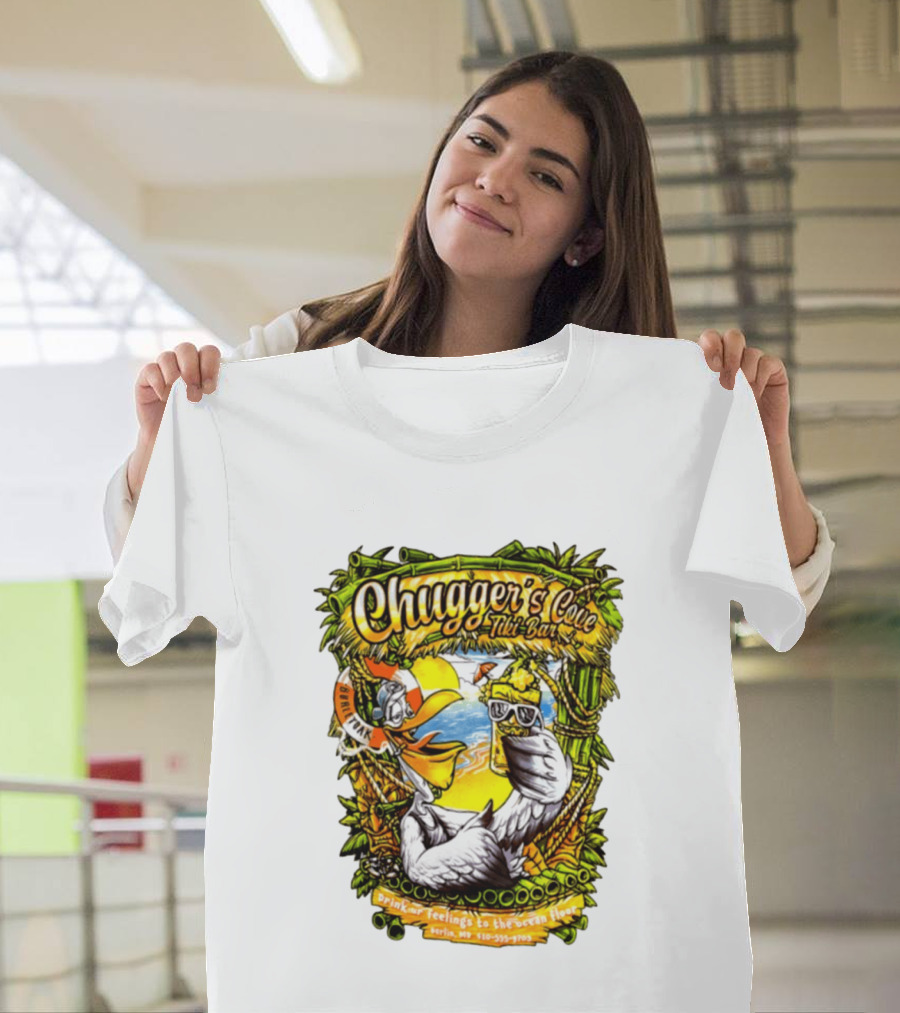 Chugger's Cove Tiki Bar Beach Pelican Drink Ur Feelings Ocean Floor Berlin MD T-Shirt