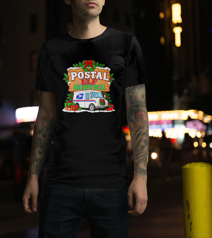 USPS Christmas Postal Elf Service Truck Wreath And Holiday Gifts T-Shirt