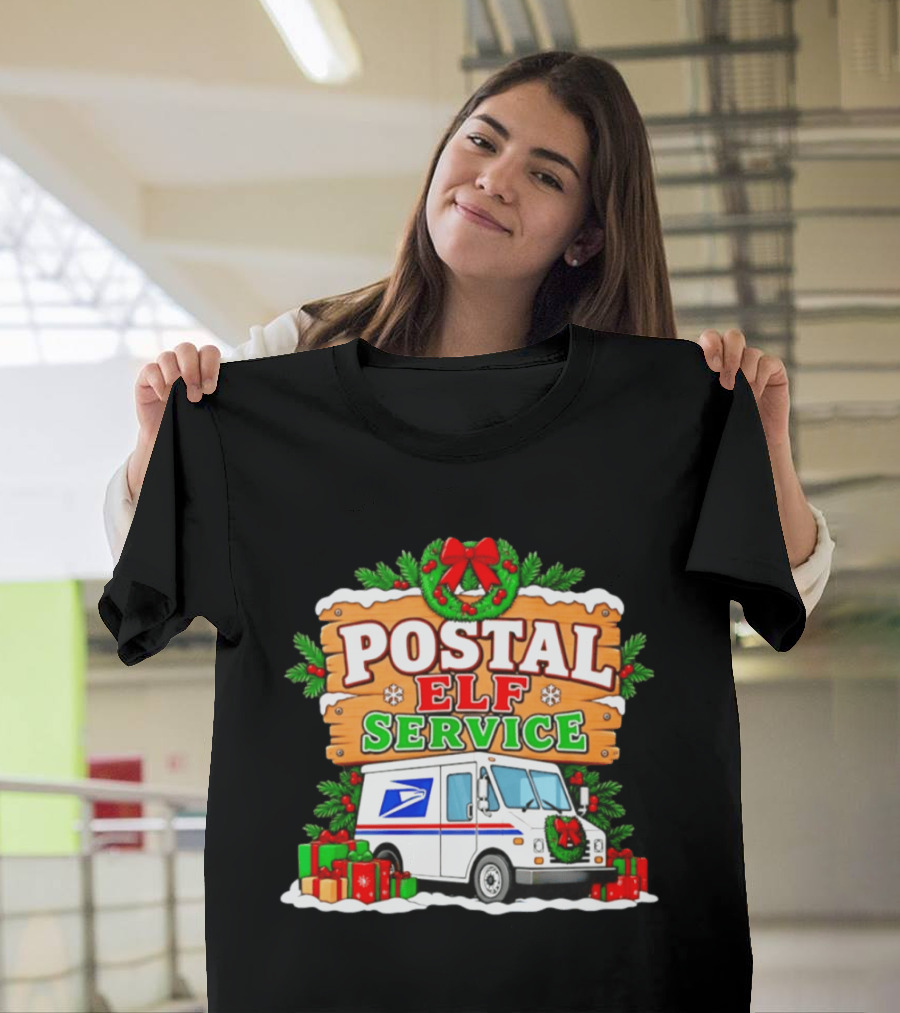 USPS Christmas Postal Elf Service Truck Wreath And Holiday Gifts T-Shirt