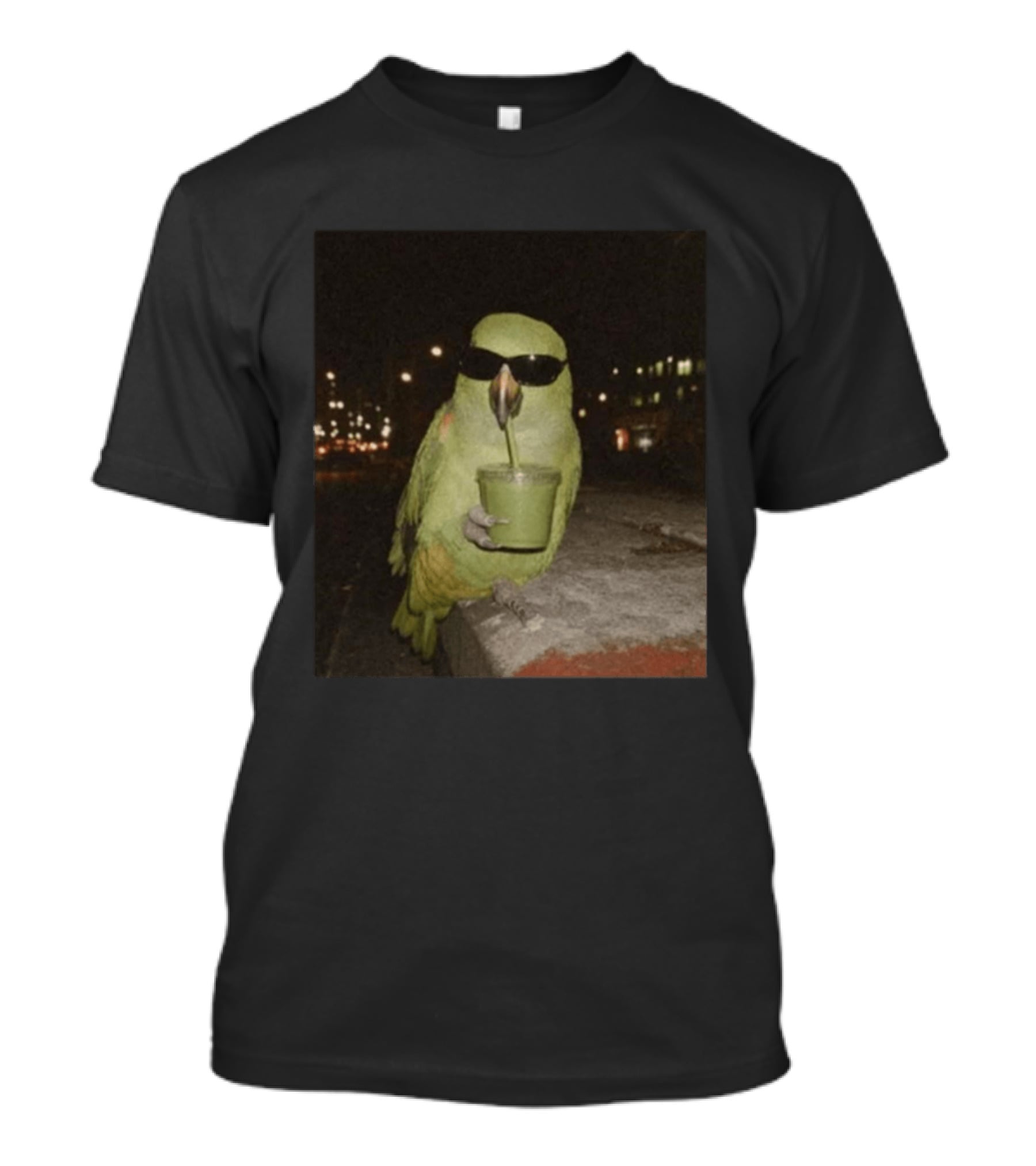 Parrot Wearing Sunglasses Enjoying Green Smoothie At Night T-Shirt
