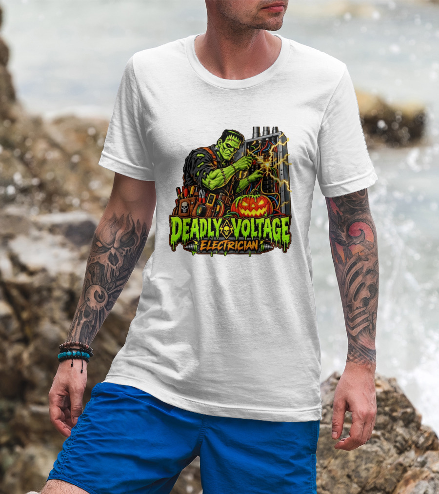 Deadly Voltage Electrician Frankenstein Halloween 2026 T-Shirt