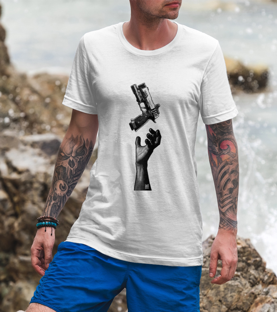 Reaching Hand Catching Handgun Pistol Stipple Gun T-Shirt